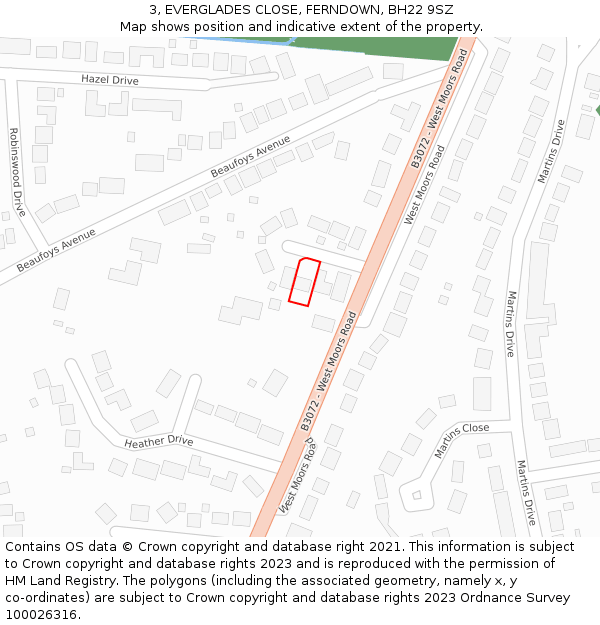 3, EVERGLADES CLOSE, FERNDOWN, BH22 9SZ: Location map and indicative extent of plot