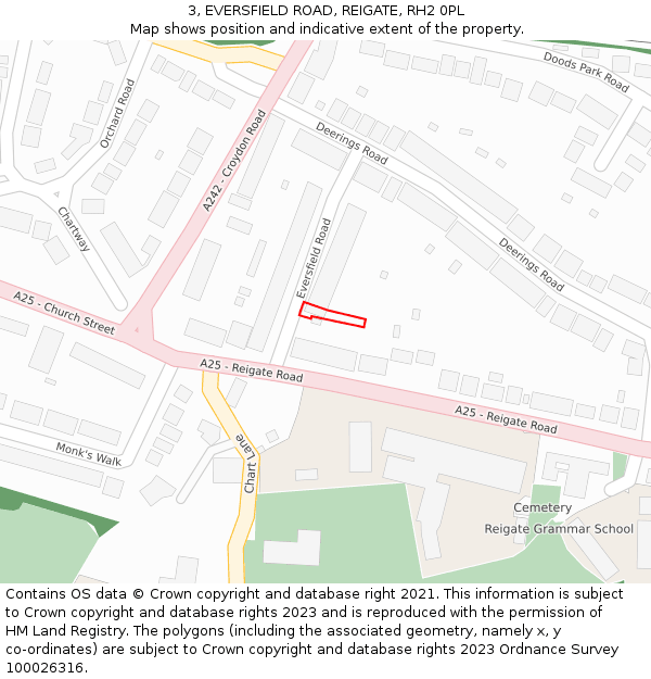 3, EVERSFIELD ROAD, REIGATE, RH2 0PL: Location map and indicative extent of plot