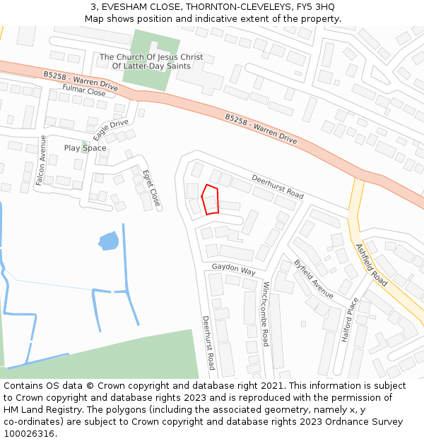 3, EVESHAM CLOSE, THORNTON-CLEVELEYS, FY5 3HQ: Location map and indicative extent of plot