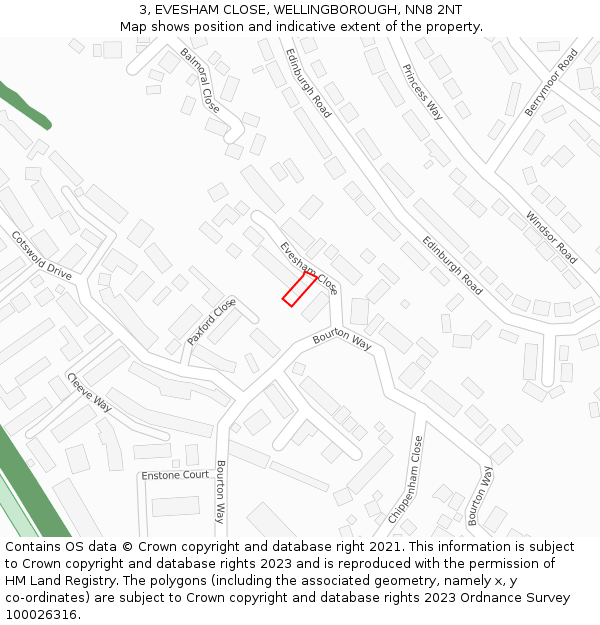 3, EVESHAM CLOSE, WELLINGBOROUGH, NN8 2NT: Location map and indicative extent of plot