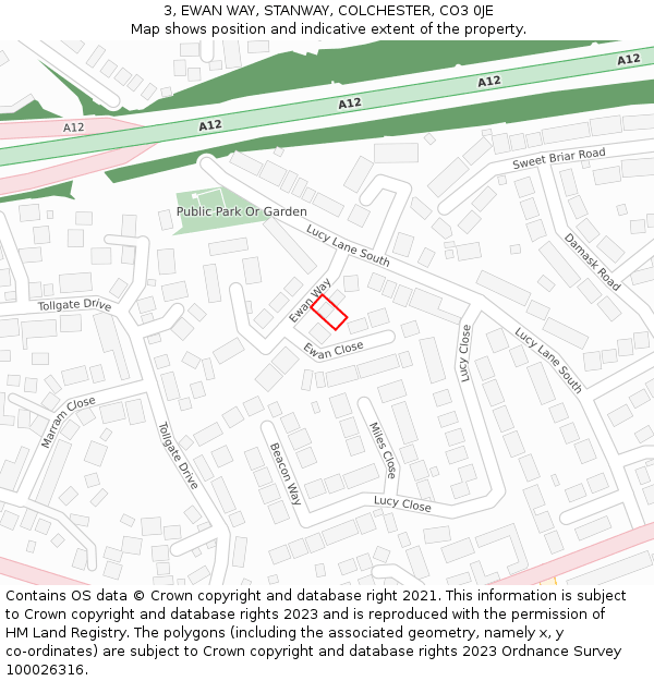 3, EWAN WAY, STANWAY, COLCHESTER, CO3 0JE: Location map and indicative extent of plot