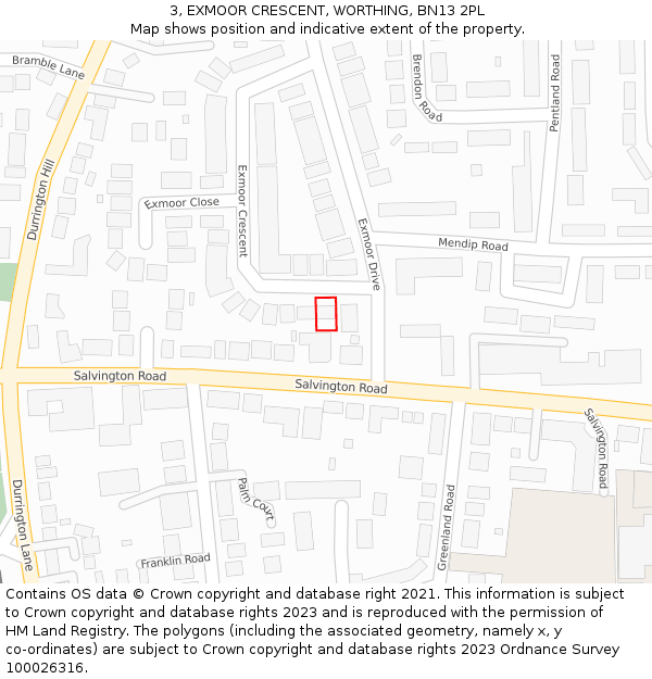 3, EXMOOR CRESCENT, WORTHING, BN13 2PL: Location map and indicative extent of plot