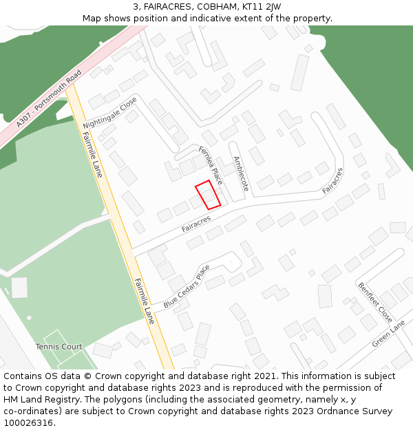 3, FAIRACRES, COBHAM, KT11 2JW: Location map and indicative extent of plot