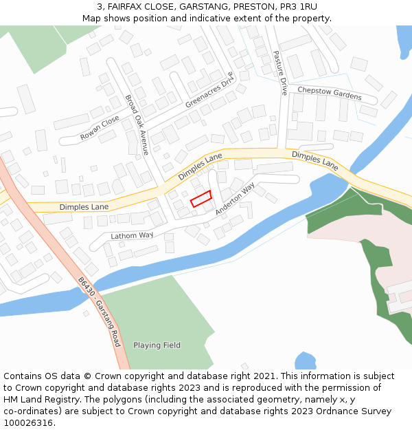 3, FAIRFAX CLOSE, GARSTANG, PRESTON, PR3 1RU: Location map and indicative extent of plot