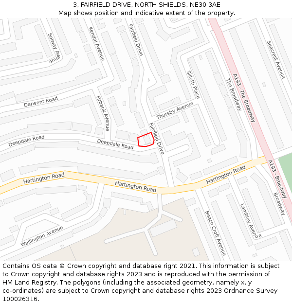 3, FAIRFIELD DRIVE, NORTH SHIELDS, NE30 3AE: Location map and indicative extent of plot