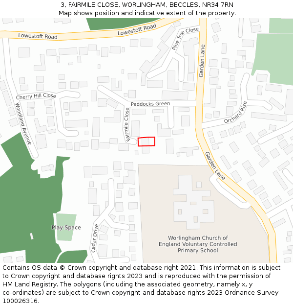 3, FAIRMILE CLOSE, WORLINGHAM, BECCLES, NR34 7RN: Location map and indicative extent of plot