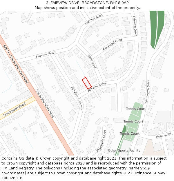 3, FAIRVIEW DRIVE, BROADSTONE, BH18 9AP: Location map and indicative extent of plot