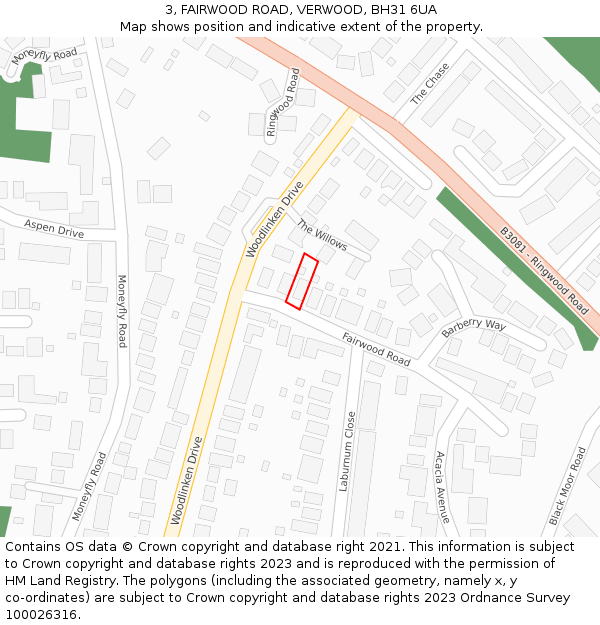 3, FAIRWOOD ROAD, VERWOOD, BH31 6UA: Location map and indicative extent of plot