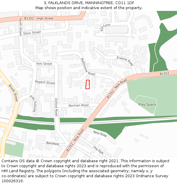 3, FALKLANDS DRIVE, MANNINGTREE, CO11 1DF: Location map and indicative extent of plot