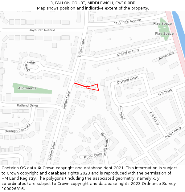 3, FALLON COURT, MIDDLEWICH, CW10 0BP: Location map and indicative extent of plot