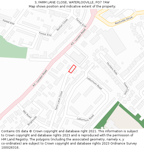 3, FARM LANE CLOSE, WATERLOOVILLE, PO7 7AW: Location map and indicative extent of plot