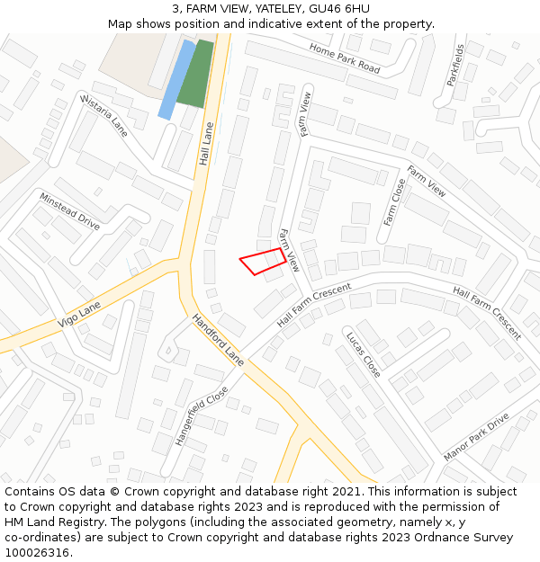 3, FARM VIEW, YATELEY, GU46 6HU: Location map and indicative extent of plot