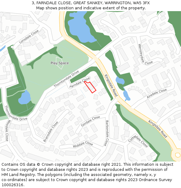 3, FARNDALE CLOSE, GREAT SANKEY, WARRINGTON, WA5 3FX: Location map and indicative extent of plot