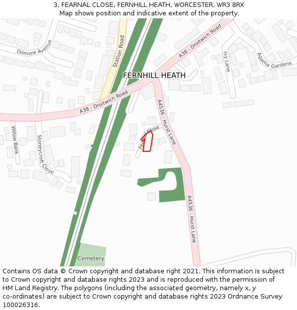 3, FEARNAL CLOSE, FERNHILL HEATH, WORCESTER, WR3 8RX: Location map and indicative extent of plot