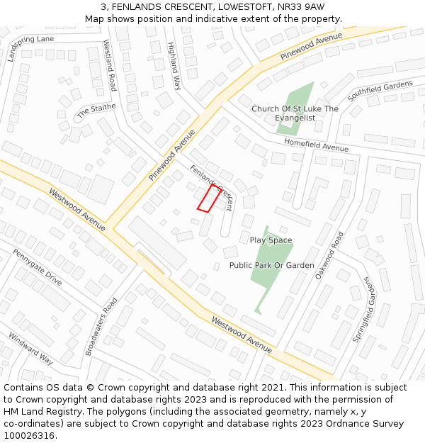 3, FENLANDS CRESCENT, LOWESTOFT, NR33 9AW: Location map and indicative extent of plot