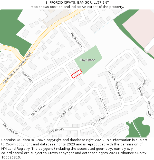 3, FFORDD CRWYS, BANGOR, LL57 2NT: Location map and indicative extent of plot