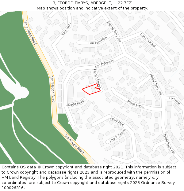 3, FFORDD EMRYS, ABERGELE, LL22 7EZ: Location map and indicative extent of plot