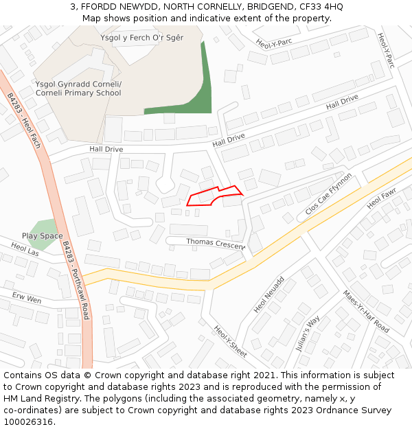 3, FFORDD NEWYDD, NORTH CORNELLY, BRIDGEND, CF33 4HQ: Location map and indicative extent of plot