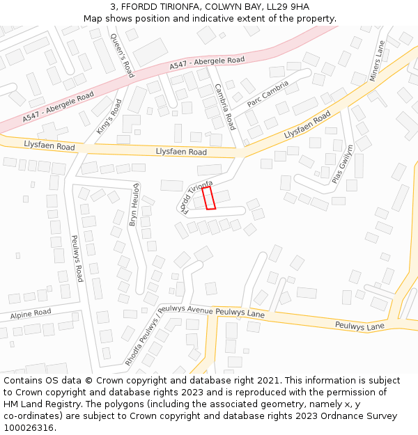 3, FFORDD TIRIONFA, COLWYN BAY, LL29 9HA: Location map and indicative extent of plot