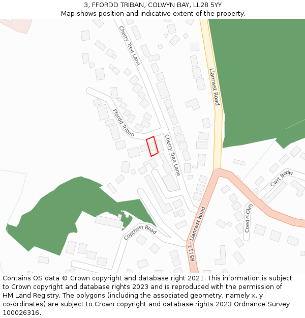 3, FFORDD TRIBAN, COLWYN BAY, LL28 5YY: Location map and indicative extent of plot