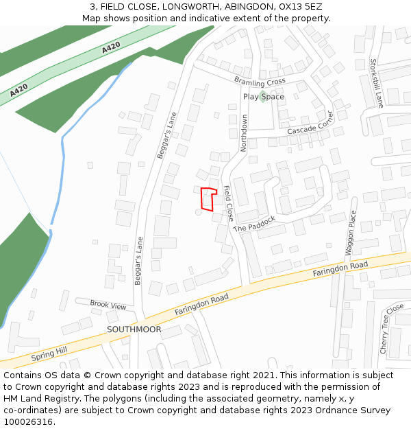 3, FIELD CLOSE, LONGWORTH, ABINGDON, OX13 5EZ: Location map and indicative extent of plot