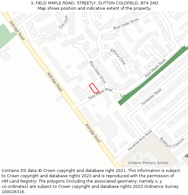 3, FIELD MAPLE ROAD, STREETLY, SUTTON COLDFIELD, B74 2AD: Location map and indicative extent of plot