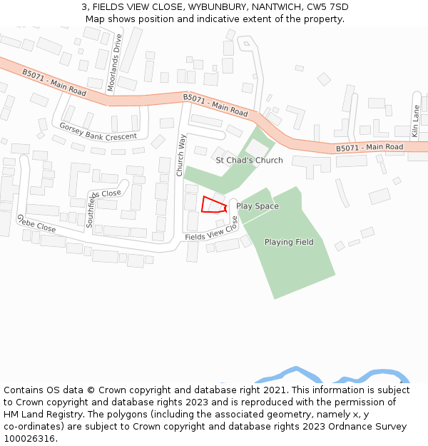 3, FIELDS VIEW CLOSE, WYBUNBURY, NANTWICH, CW5 7SD: Location map and indicative extent of plot