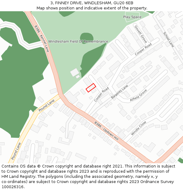 3, FINNEY DRIVE, WINDLESHAM, GU20 6EB: Location map and indicative extent of plot