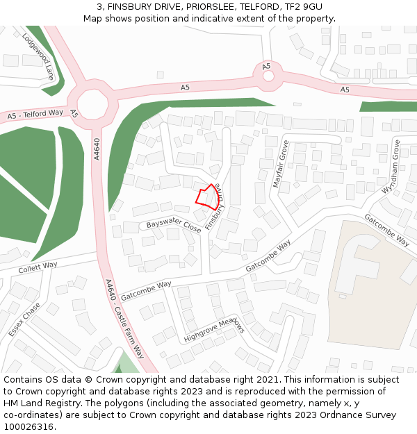 3, FINSBURY DRIVE, PRIORSLEE, TELFORD, TF2 9GU: Location map and indicative extent of plot