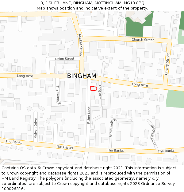 3, FISHER LANE, BINGHAM, NOTTINGHAM, NG13 8BQ: Location map and indicative extent of plot