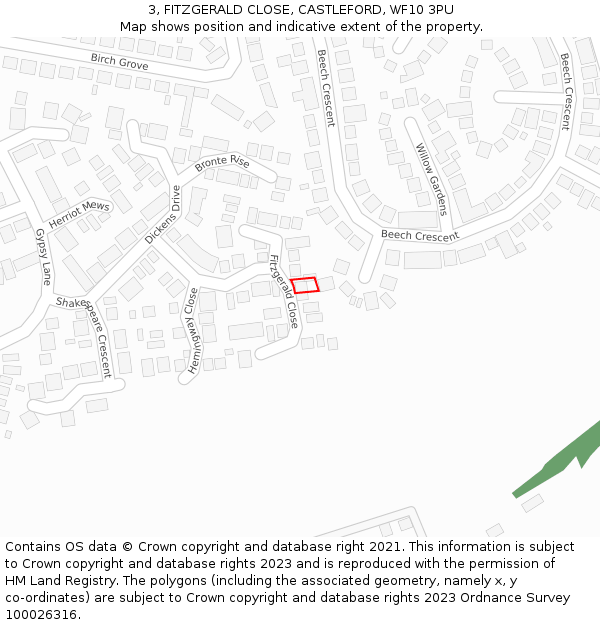 3, FITZGERALD CLOSE, CASTLEFORD, WF10 3PU: Location map and indicative extent of plot