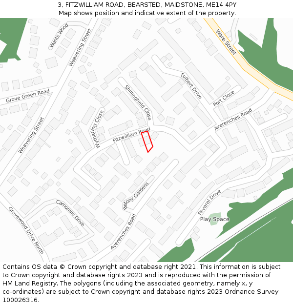 3, FITZWILLIAM ROAD, BEARSTED, MAIDSTONE, ME14 4PY: Location map and indicative extent of plot
