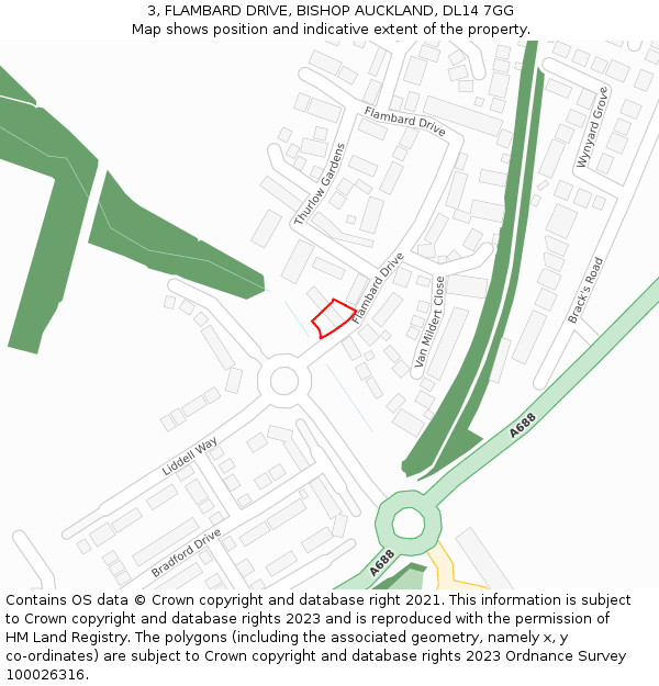 3, FLAMBARD DRIVE, BISHOP AUCKLAND, DL14 7GG: Location map and indicative extent of plot