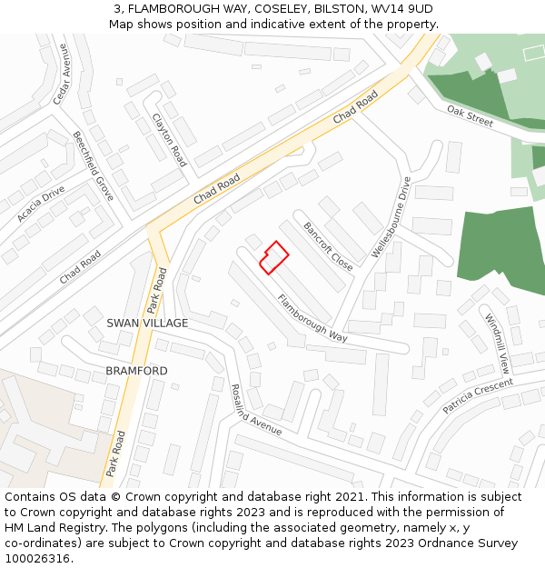 3, FLAMBOROUGH WAY, COSELEY, BILSTON, WV14 9UD: Location map and indicative extent of plot