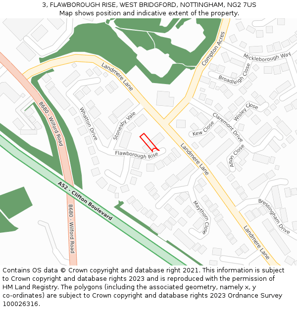 3, FLAWBOROUGH RISE, WEST BRIDGFORD, NOTTINGHAM, NG2 7US: Location map and indicative extent of plot