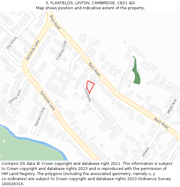 3, FLAXFIELDS, LINTON, CAMBRIDGE, CB21 4JG: Location map and indicative extent of plot