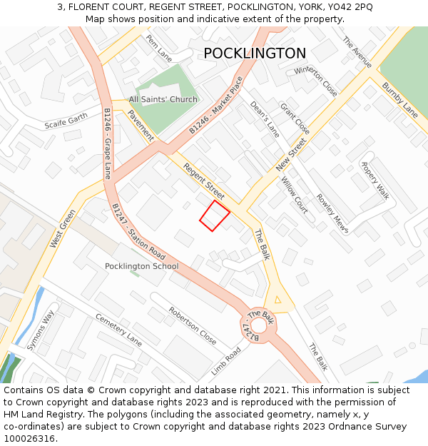 3, FLORENT COURT, REGENT STREET, POCKLINGTON, YORK, YO42 2PQ: Location map and indicative extent of plot