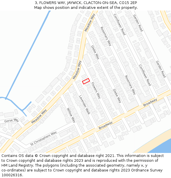 3, FLOWERS WAY, JAYWICK, CLACTON-ON-SEA, CO15 2EP: Location map and indicative extent of plot