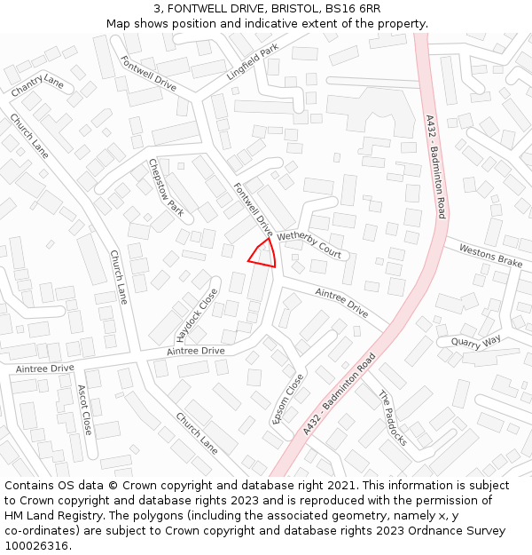 3, FONTWELL DRIVE, BRISTOL, BS16 6RR: Location map and indicative extent of plot