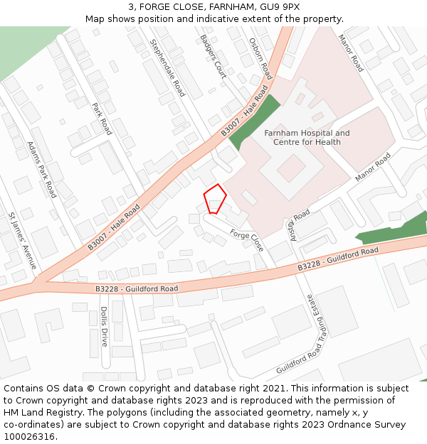 3, FORGE CLOSE, FARNHAM, GU9 9PX: Location map and indicative extent of plot