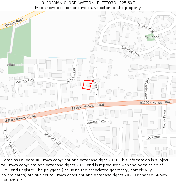 3, FORMAN CLOSE, WATTON, THETFORD, IP25 6XZ: Location map and indicative extent of plot