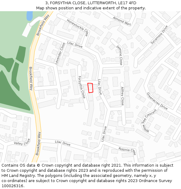 3, FORSYTHIA CLOSE, LUTTERWORTH, LE17 4FD: Location map and indicative extent of plot