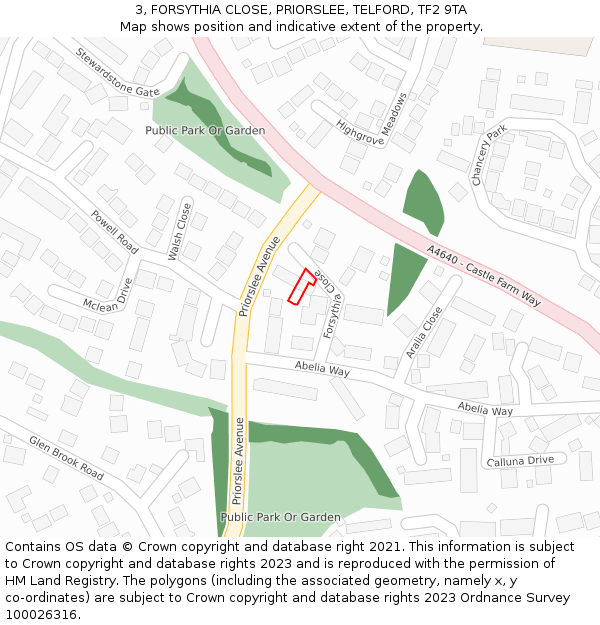 3, FORSYTHIA CLOSE, PRIORSLEE, TELFORD, TF2 9TA: Location map and indicative extent of plot