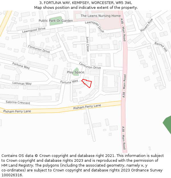 3, FORTUNA WAY, KEMPSEY, WORCESTER, WR5 3WL: Location map and indicative extent of plot