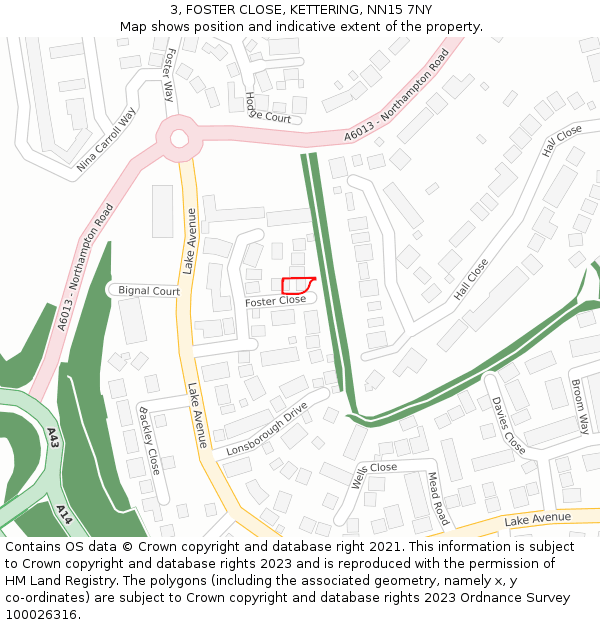 3, FOSTER CLOSE, KETTERING, NN15 7NY: Location map and indicative extent of plot