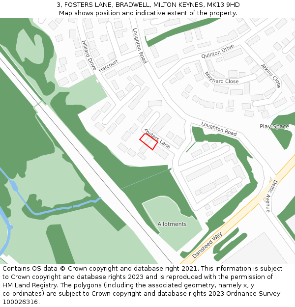 3, FOSTERS LANE, BRADWELL, MILTON KEYNES, MK13 9HD: Location map and indicative extent of plot