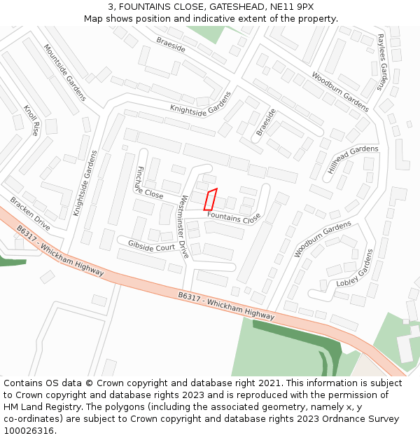 3, FOUNTAINS CLOSE, GATESHEAD, NE11 9PX: Location map and indicative extent of plot