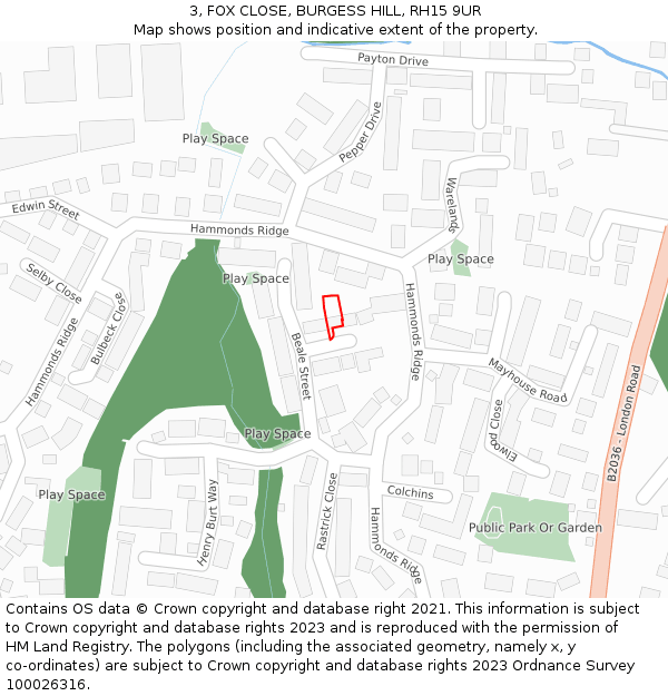 3, FOX CLOSE, BURGESS HILL, RH15 9UR: Location map and indicative extent of plot