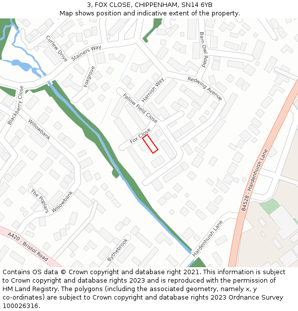 3, FOX CLOSE, CHIPPENHAM, SN14 6YB: Location map and indicative extent of plot
