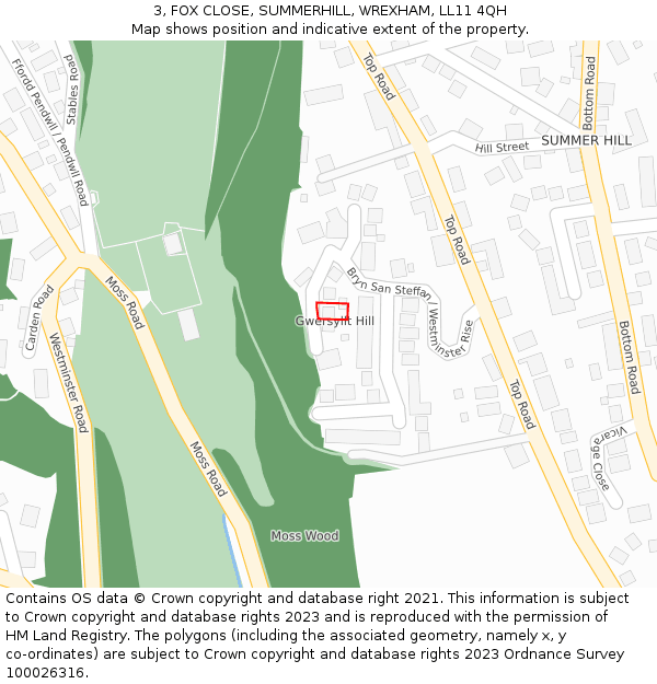 3, FOX CLOSE, SUMMERHILL, WREXHAM, LL11 4QH: Location map and indicative extent of plot